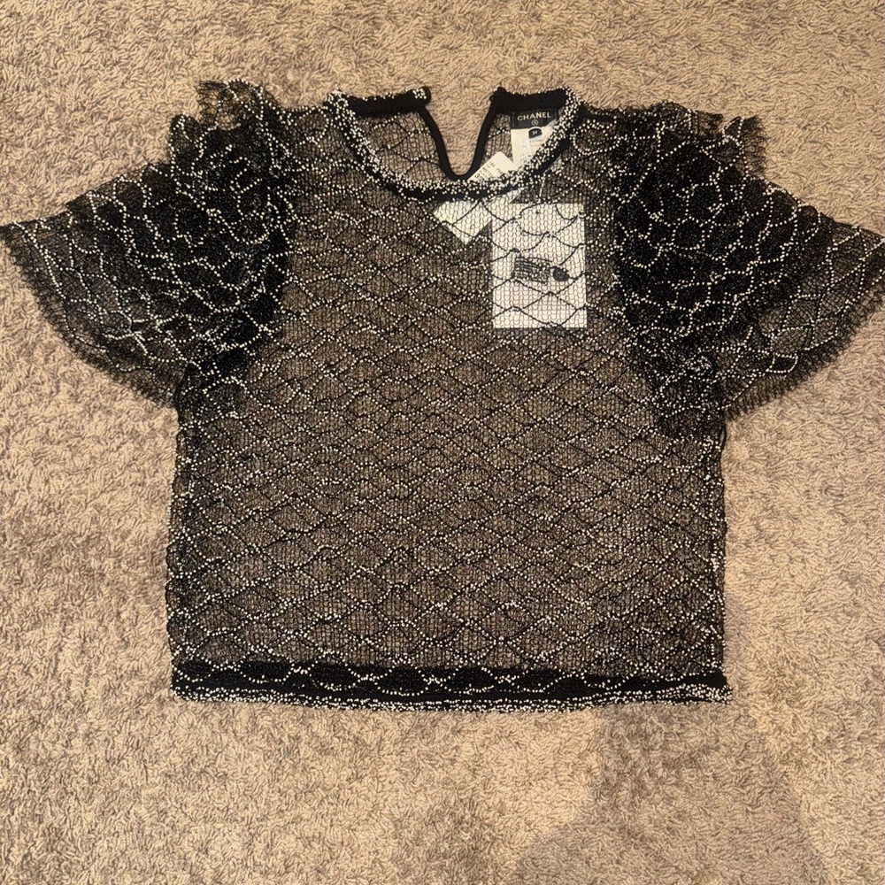 CHANEL Black/White Sheer beaded Women's Top